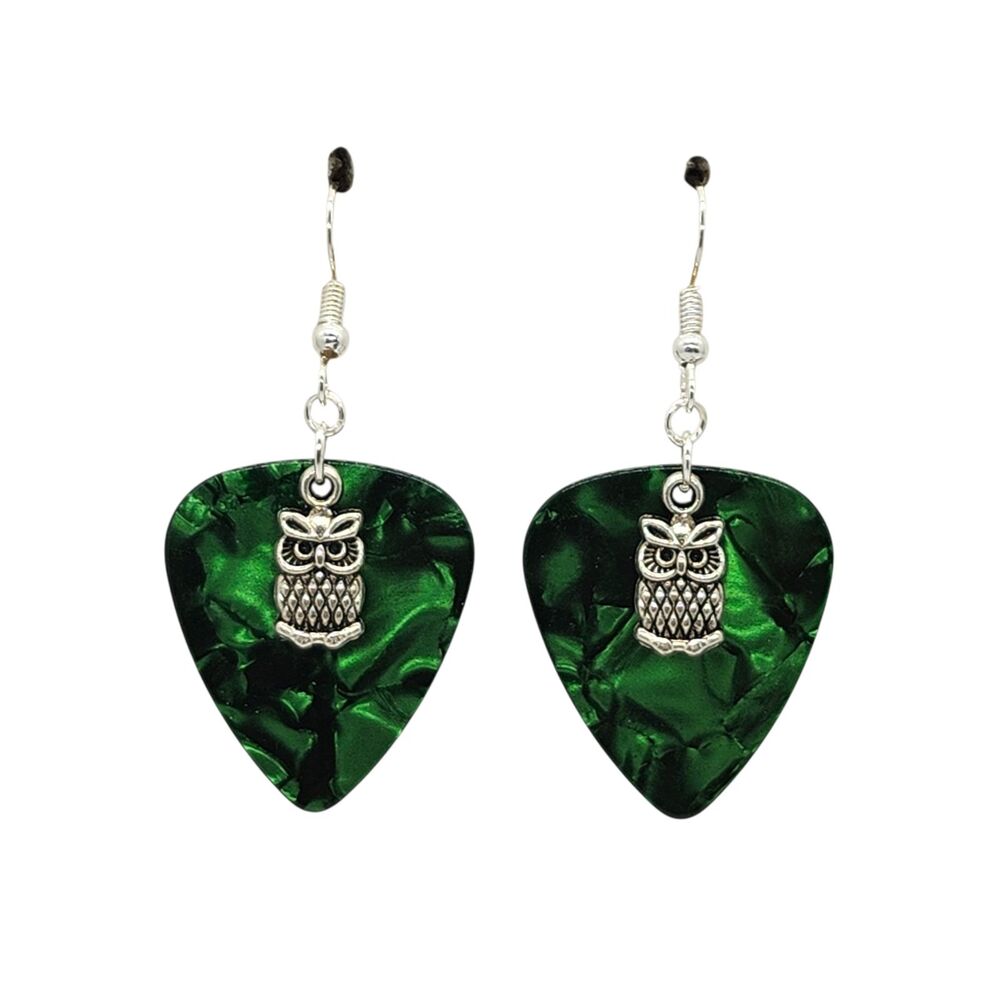 Small Owl Bird Charm Guitar Pick Earrings - Choose Color - Handmade in USA